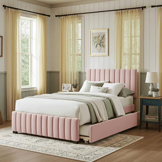 Linda Pink Velvet Twin Bed with Twin Trundle - Bunk and Bed Co.