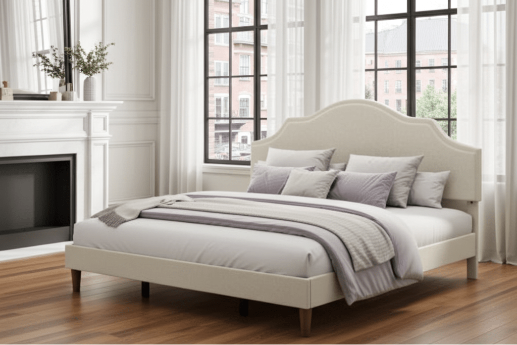 Margo Beige Linen Platform Bed with Adjustable Headboard - King - Bunk and Bed Co.