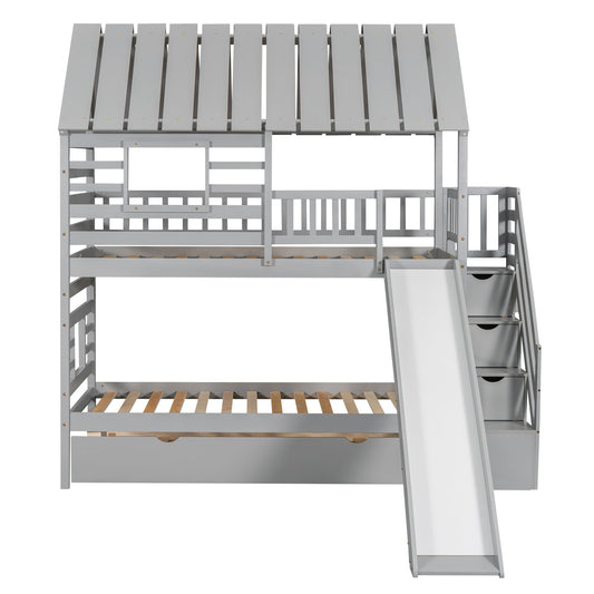 Playhouse Dream Twin Over Twin Bunk Bed with Slide & Trundle Gray - Bunk and Bed Co.