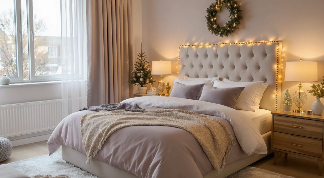 a bed with lights, side tables and lamps