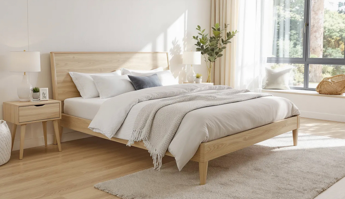 Queen bed in bright room with windows