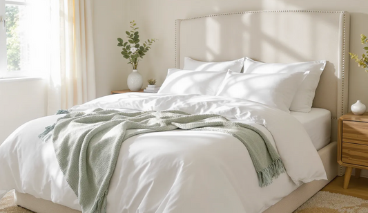 modern bedroom with a neatly made queen bed featuring soft, high-thread-count white sheets and a folded throw at the foot