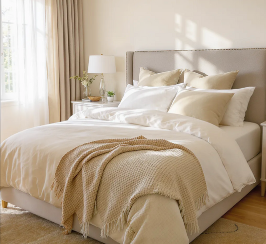 A sunlit luxury bedroom featuring a queen bed frame with an upholstered headboard, layered bed linens in white and soft sand tones, a textured woven throw at the foot, and plush pillows arranged like a five-star hotel
