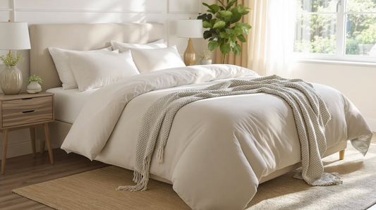 A bright, modern bedroom featuring a neatly made queen-size bed with a luxury duvet cover in soft neutral tones, accented by a folded throw at the foot. 