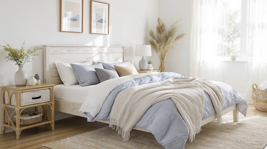 A sunlit modern coastal bedroom with a whitewashed wood bed frame, layered blue and white bedding, natural linen sheets, and a woven cotton throw. 