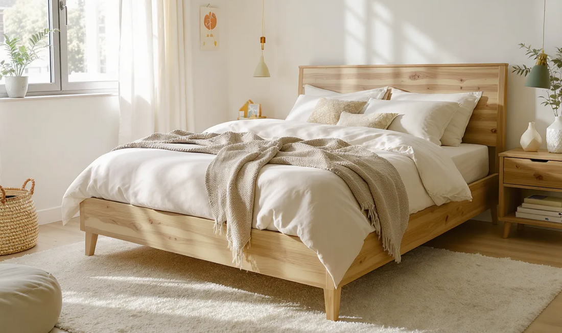  modern, stylish bedroom featuring a minimalist wooden queen bed frame with soft linen bedding in neutral tones, a textured throw draped across the foot, and subtle built-in storage drawers.