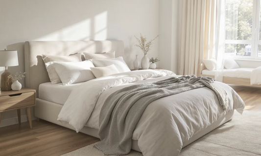 sunlit bedroom styled with luxury stonewashed linen bedding in soft earth tones, featuring a queen bed with integrated storage drawers, a neatly folded textured throw at the foot, and a twin bed frame visible in an adjoining space-saving guest room. 
