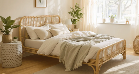 A sunlit modern bedroom with a queen-sized rattan bed frame