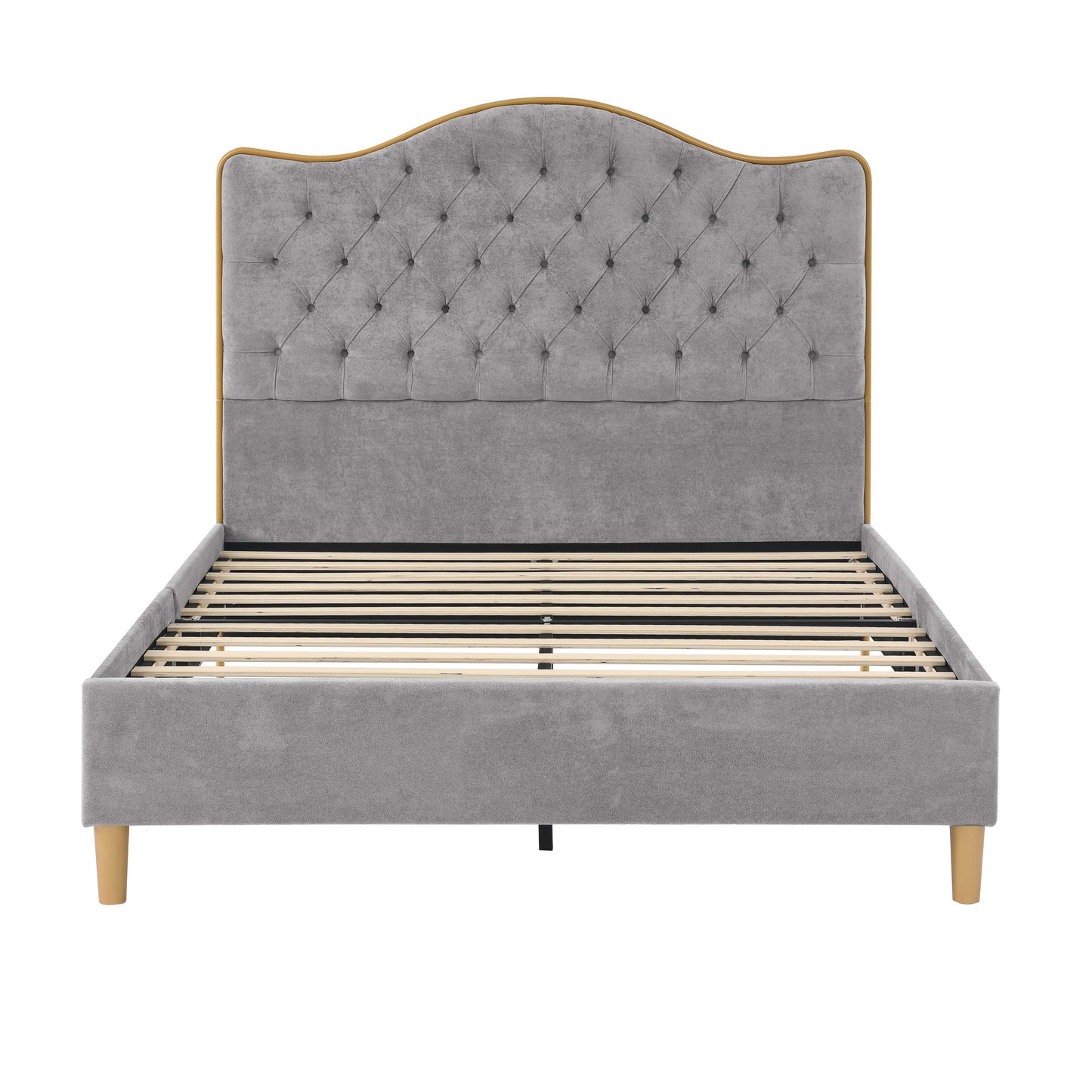 Gray tufted bed with wooden slats on a white background