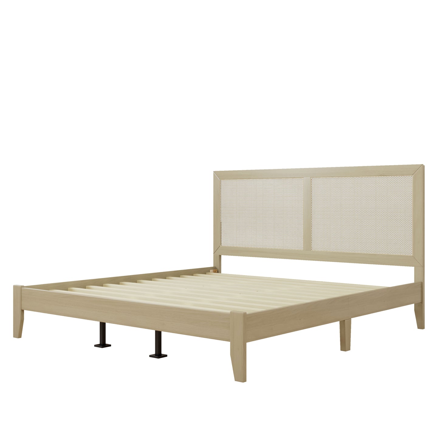 Beige bed frame with mesh headboard on a white background