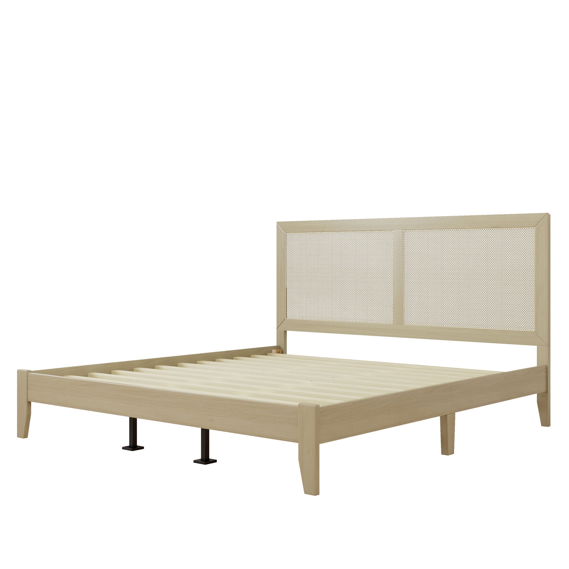 Beige bed frame with mesh headboard on a white background