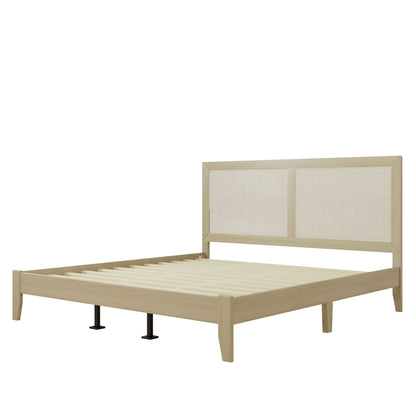 Beige bed frame with mesh headboard on a white background