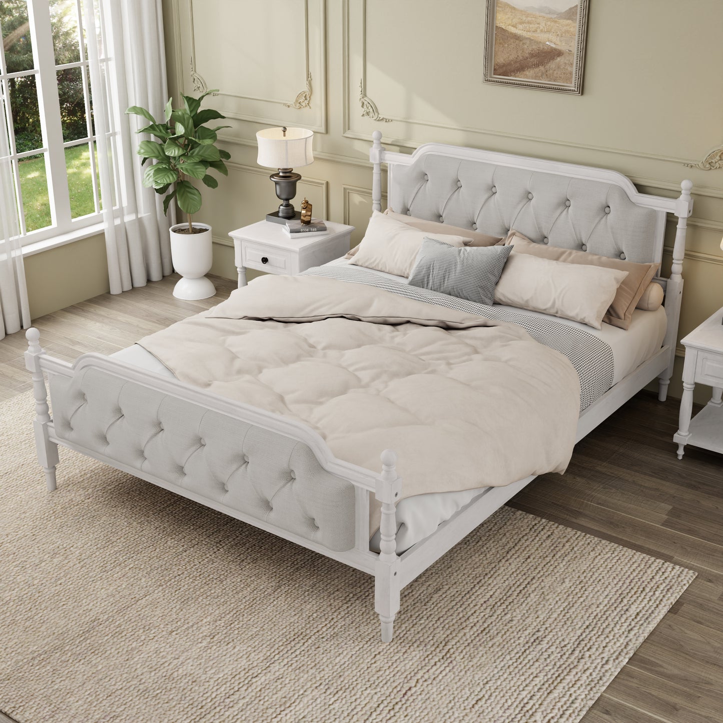 White bed with tufted headboard in a bedroom setting