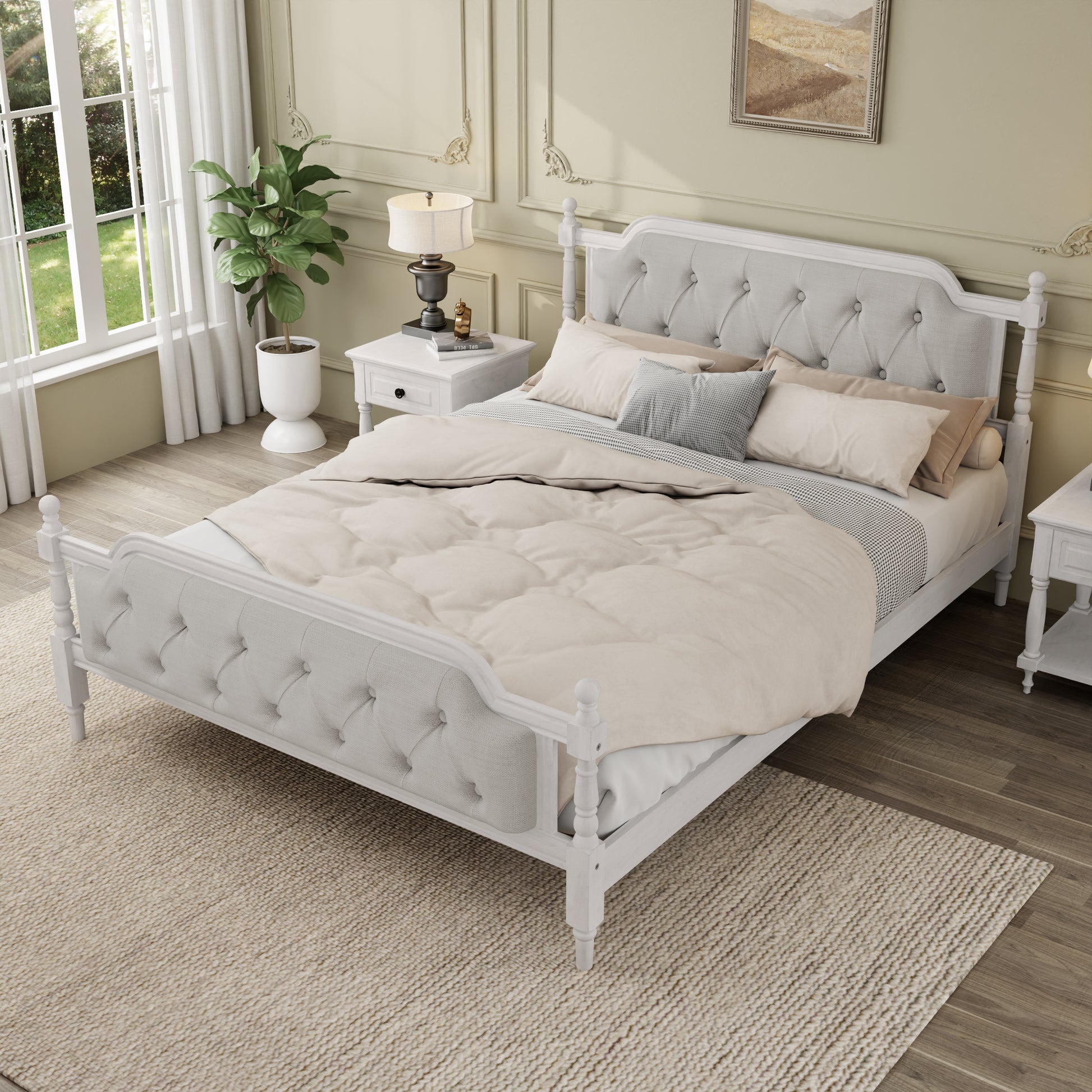 White bed with tufted headboard in a bedroom setting