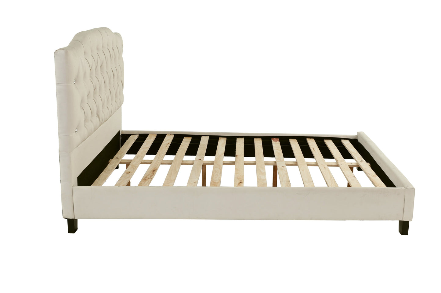 White bed frame with wooden slats on a white background