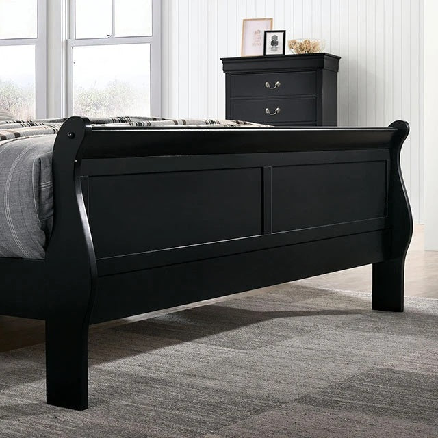 Black wooden bed in a bedroom with a dresser and window in the background.