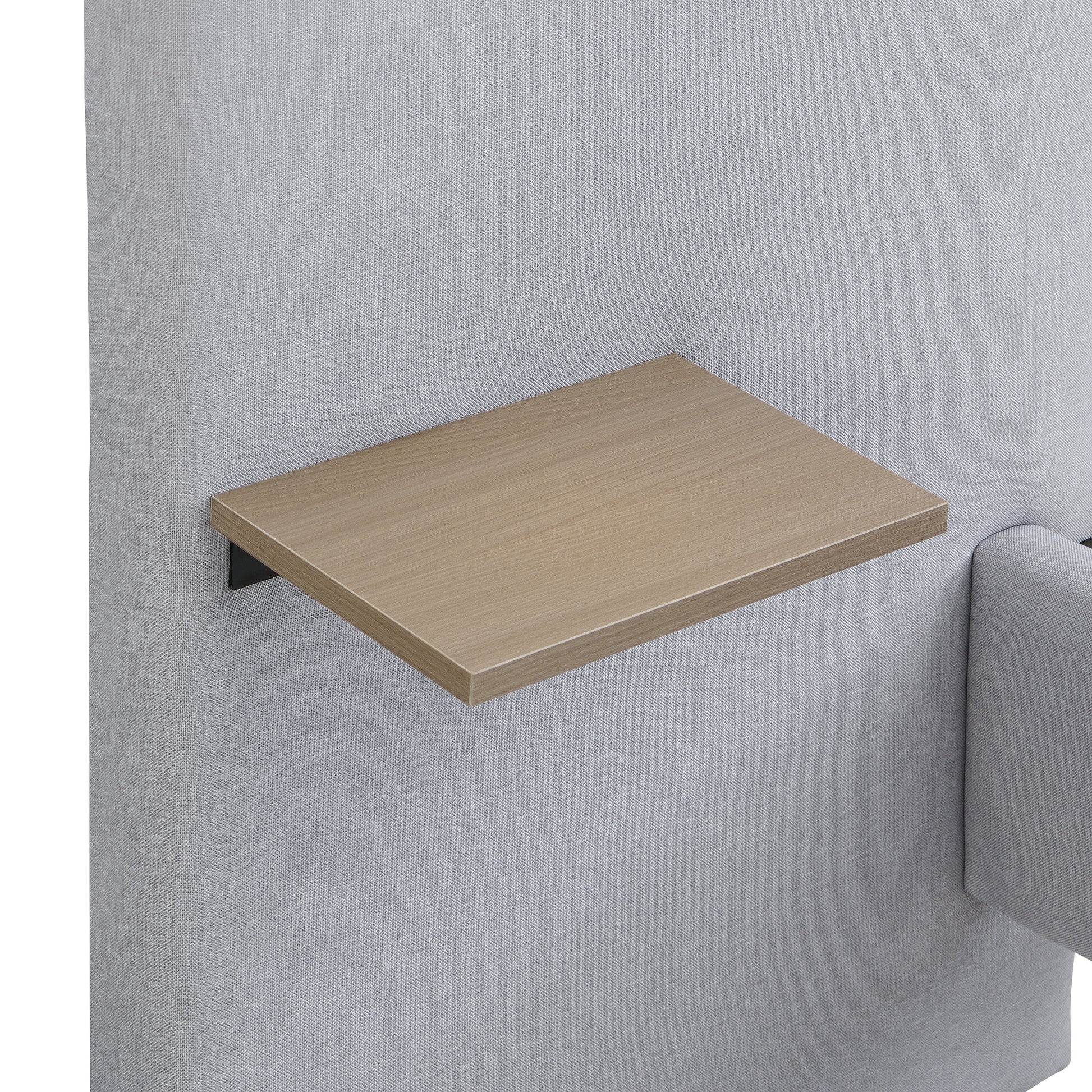 Wooden wall-mounted shelf against a gray wall