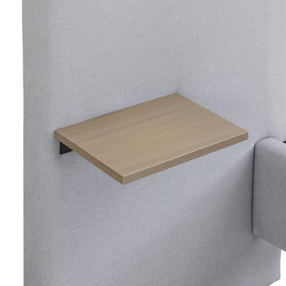 Wooden wall-mounted shelf against a gray wall