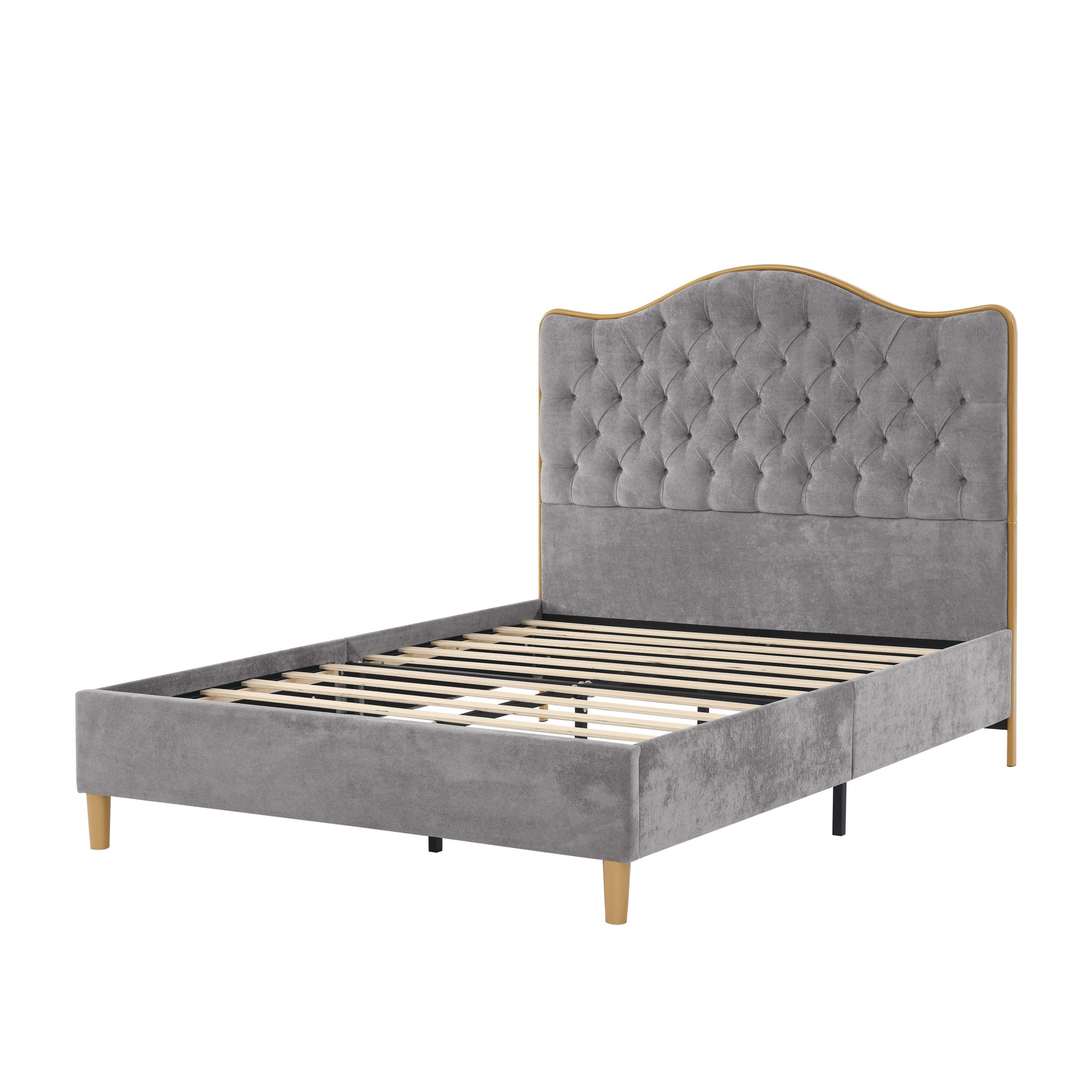 Gray upholstered bed with tufted headboard on a white background