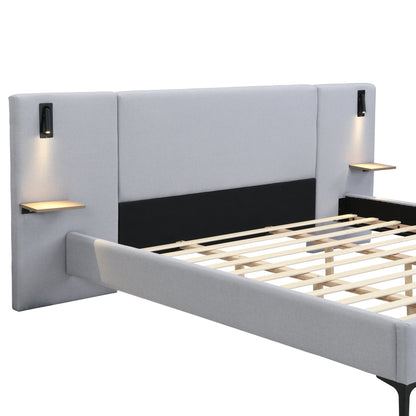 Gray upholstered bed with wooden slats on a white background