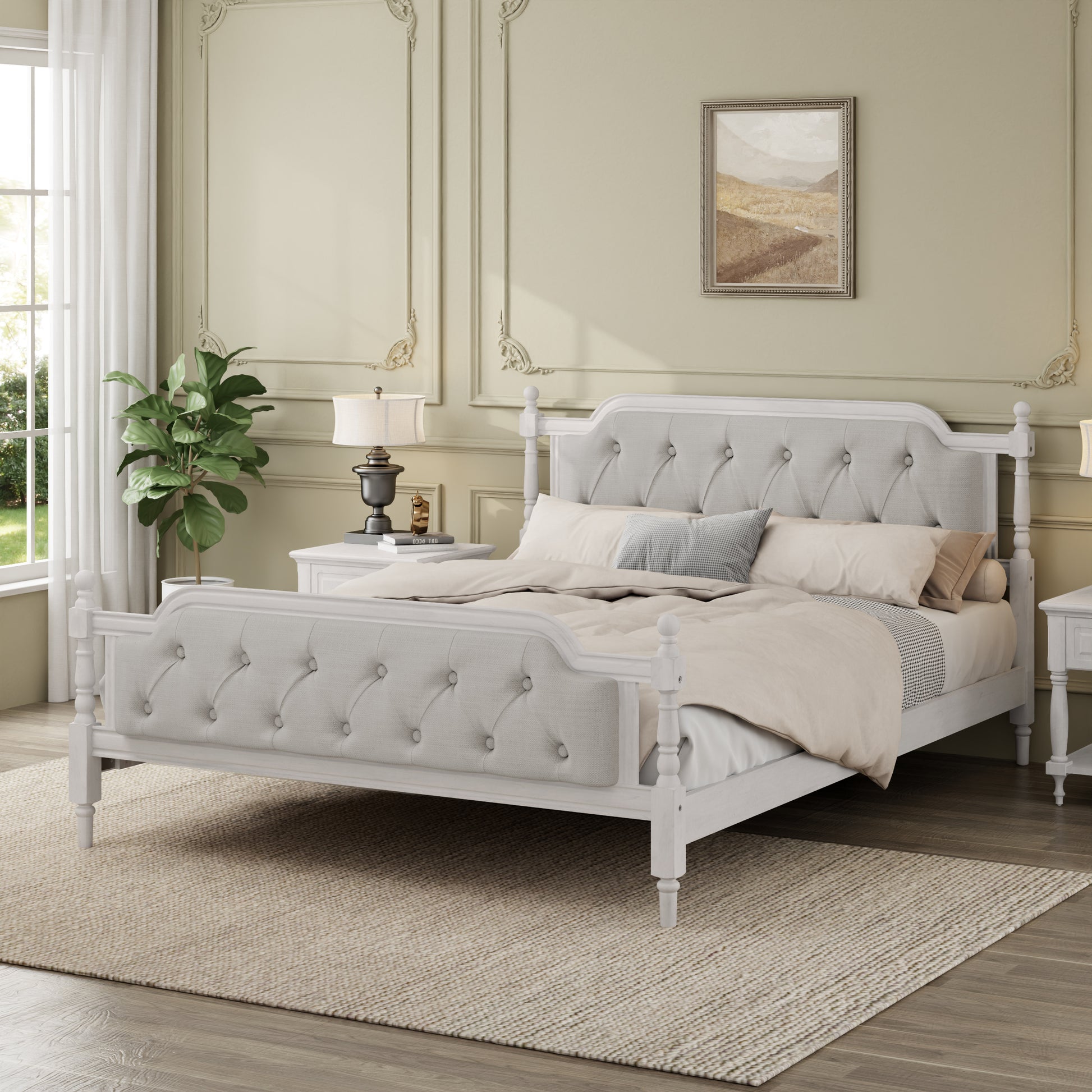 Neatly made bed with tufted headboard in a bedroom setting.