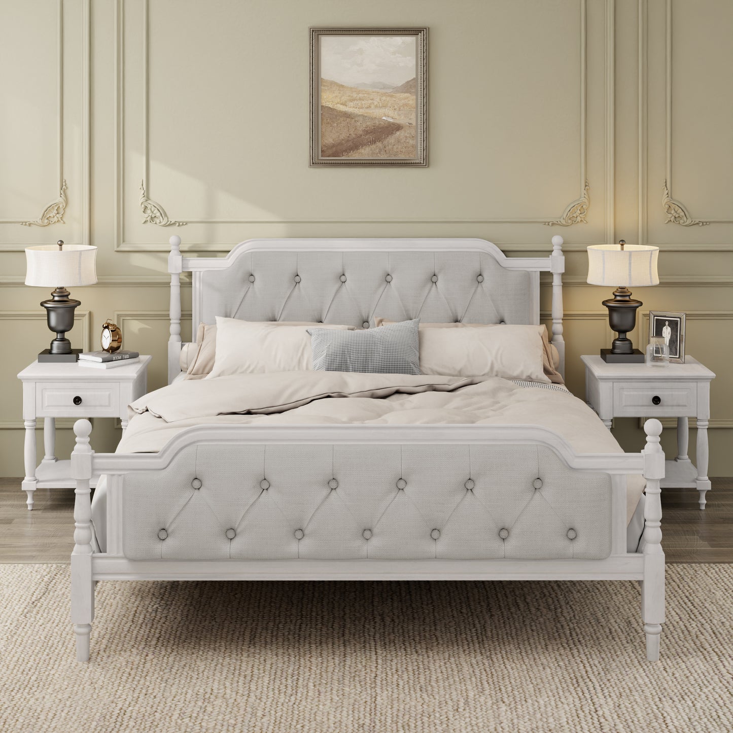 Gray upholstered bed in a bedroom setting with matching nightstands and lamps.