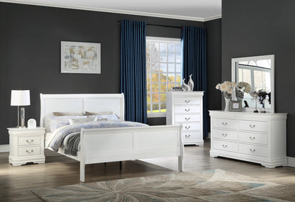 White bedroom furniture set with bed, nightstands, and dresser against a dark wall.