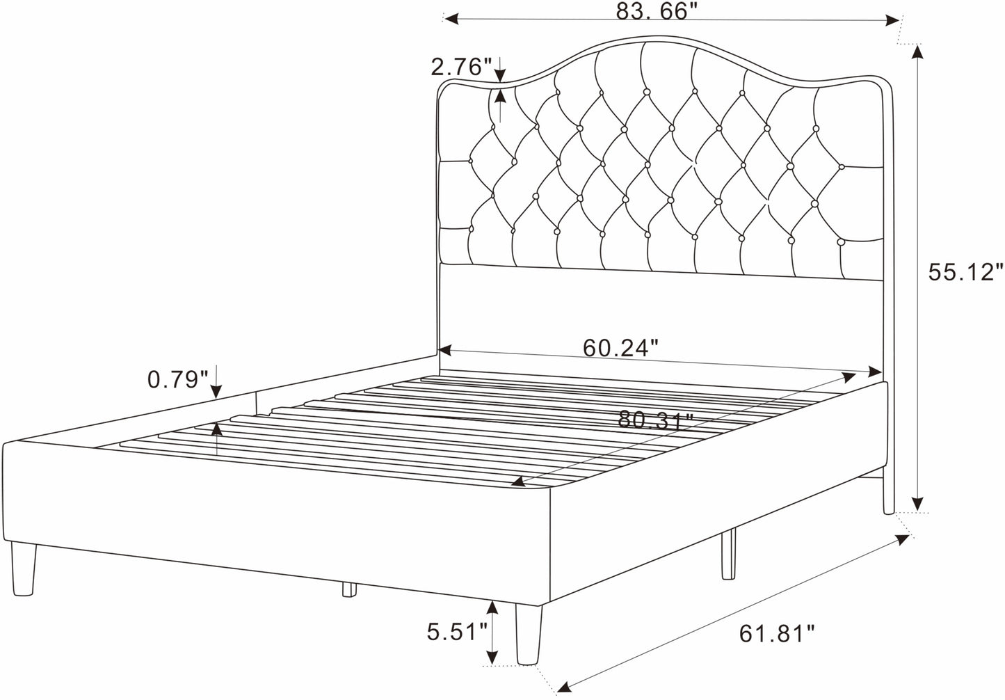 Bed with dimensions labeled on a white background