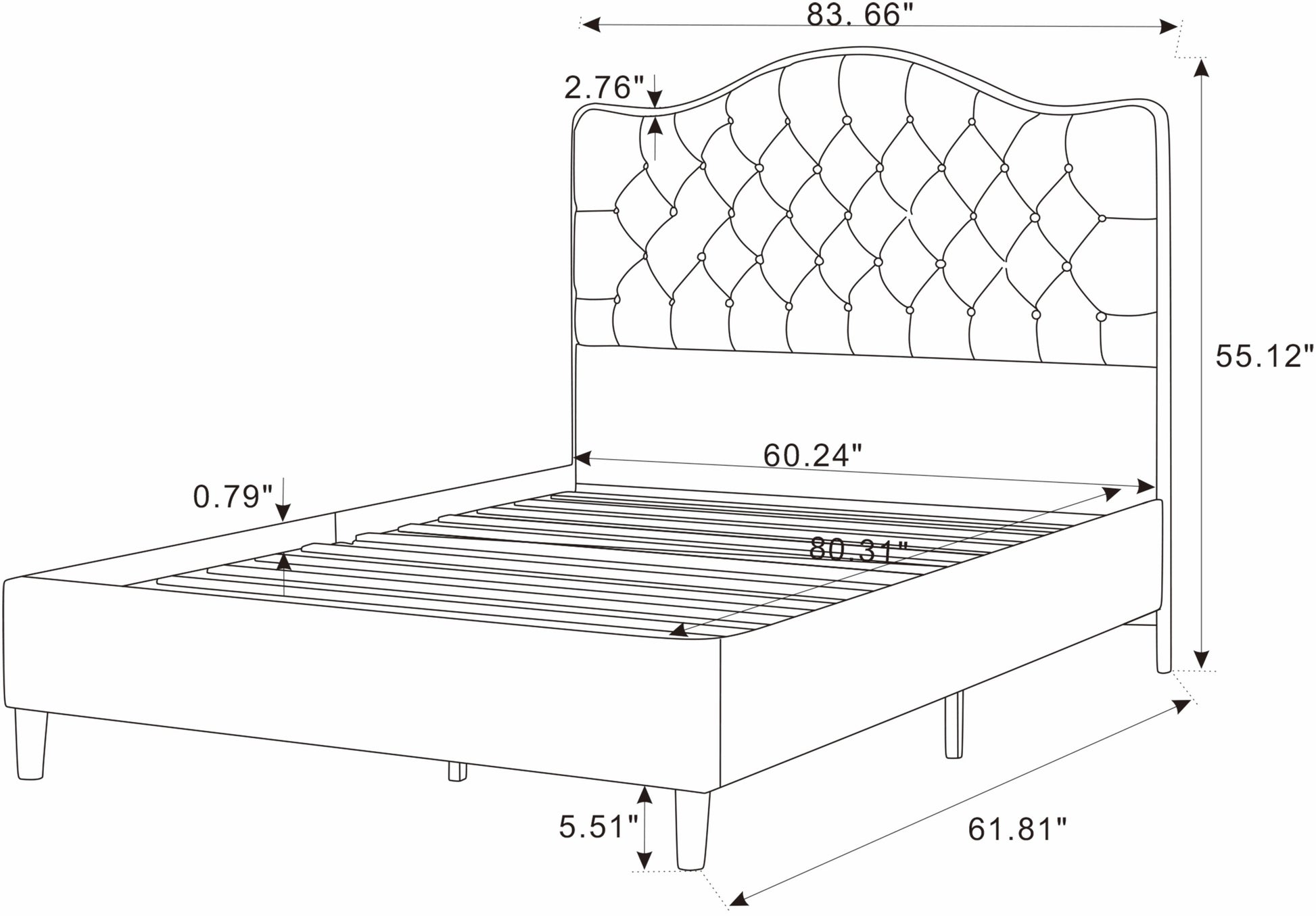 Bed with dimensions labeled on a white background