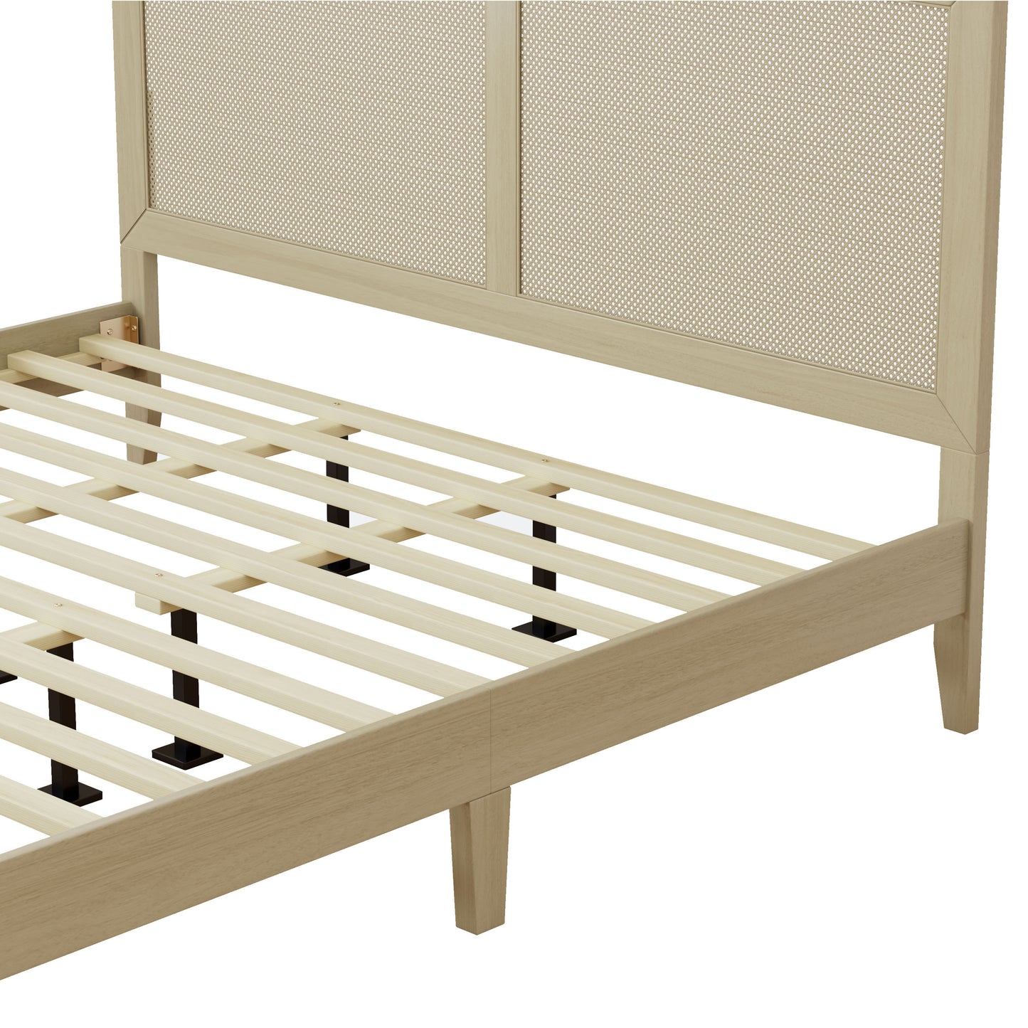 Beige wooden bed frame with slatted design on a white background