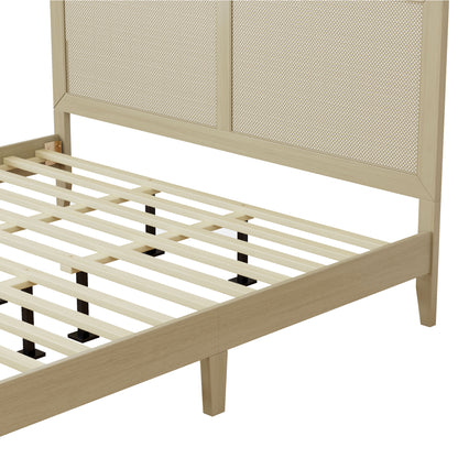 Beige wooden bed frame with slatted design on a white background