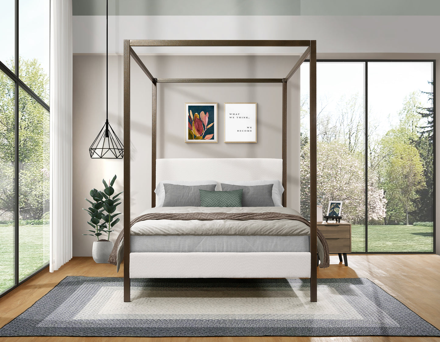 Four-poster bed in a modern bedroom with large windows and decor.