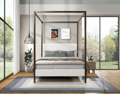 Four-poster bed in a modern bedroom with large windows and decor.