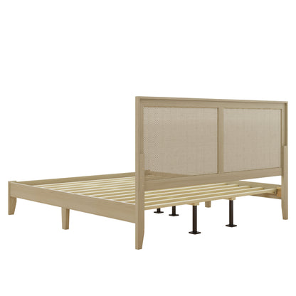 Beige metal bed frame with mesh headboard on a white background