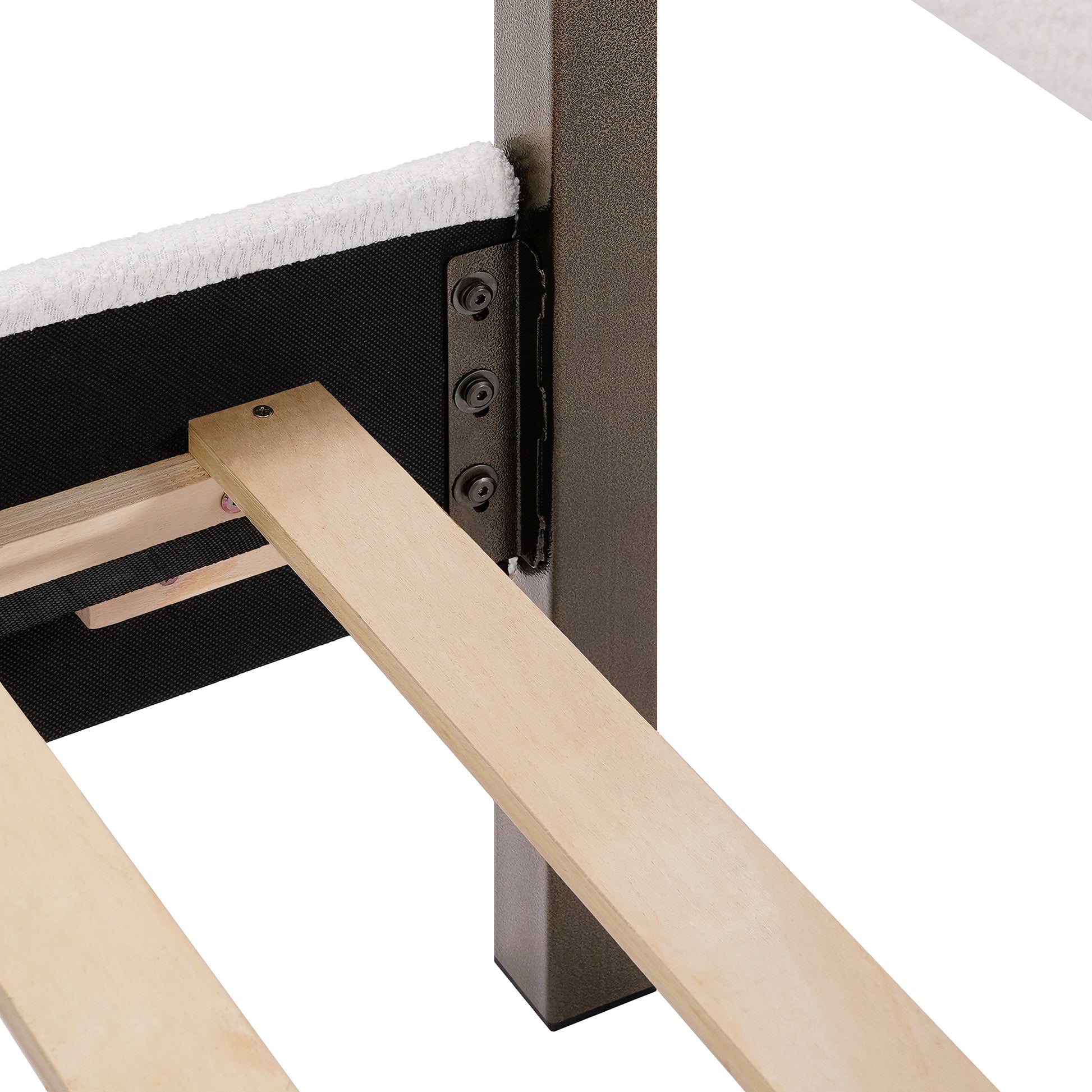 Close-up of a wooden frame with metal brackets on a white background