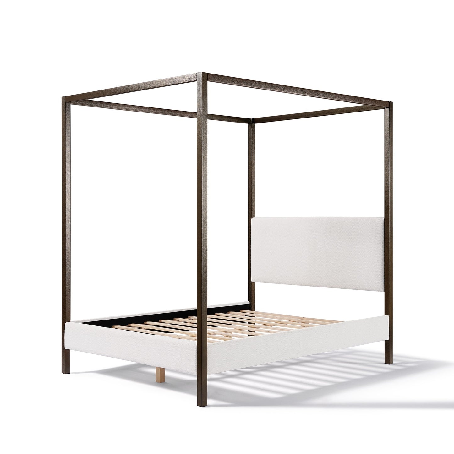 Canopy bed with white mattress and wooden slats on a white background