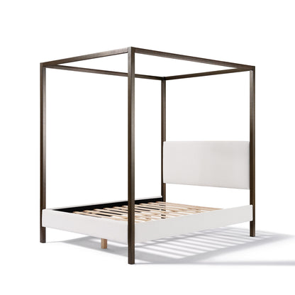 Canopy bed with white mattress and wooden slats on a white background