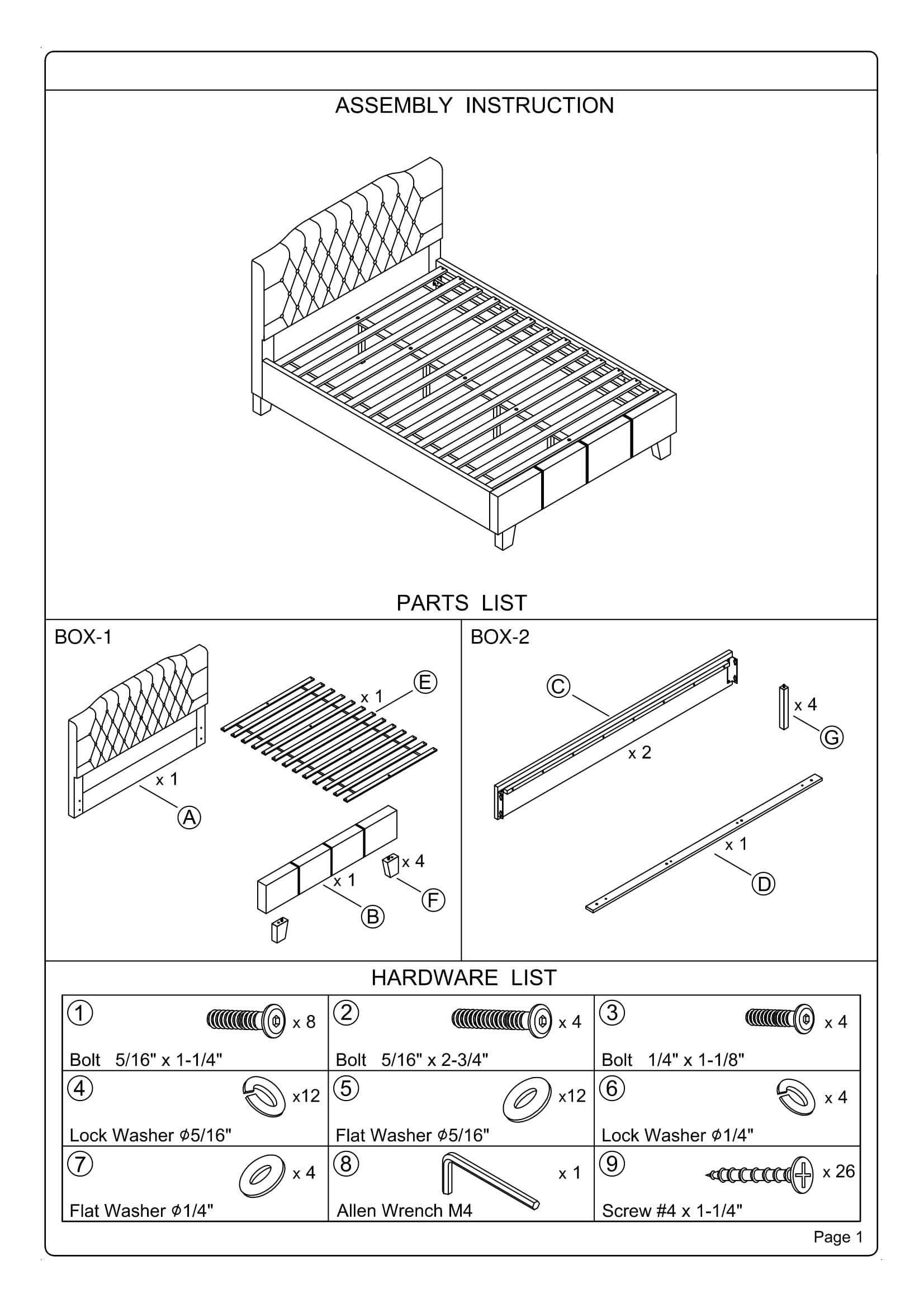 Assembly instruction diagram for a bed with parts and hardware listed.