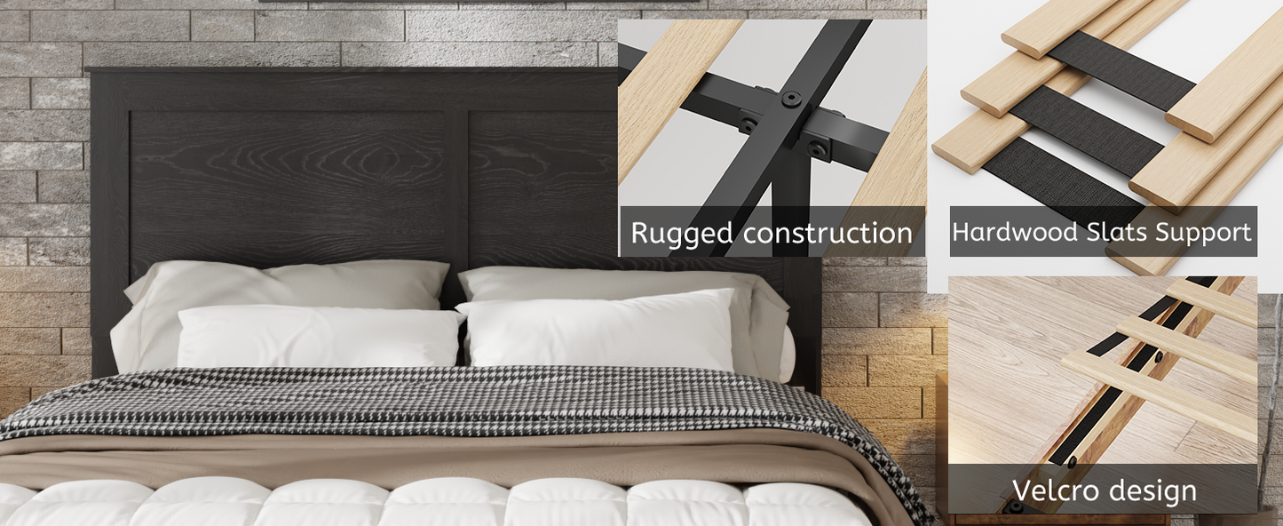 Bed with wooden headboard and mattress, highlighting construction and support features.