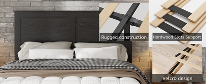 Bed with wooden headboard and mattress, highlighting construction and support features.