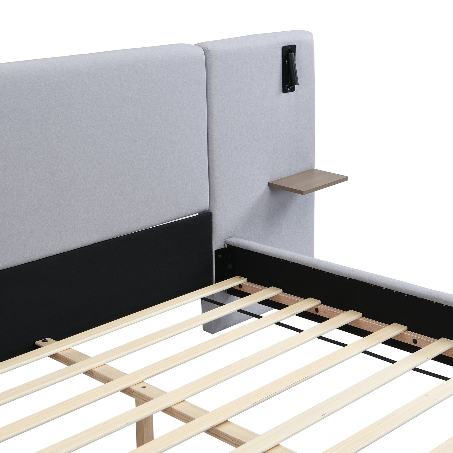 Bed with wooden slats and a headboard with a shelf on a white background