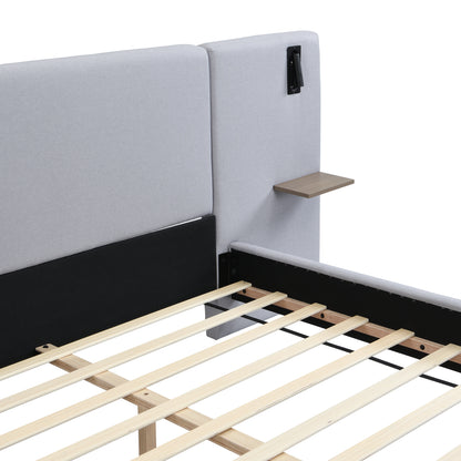 Bed with wooden slats and a headboard with a shelf on a white background