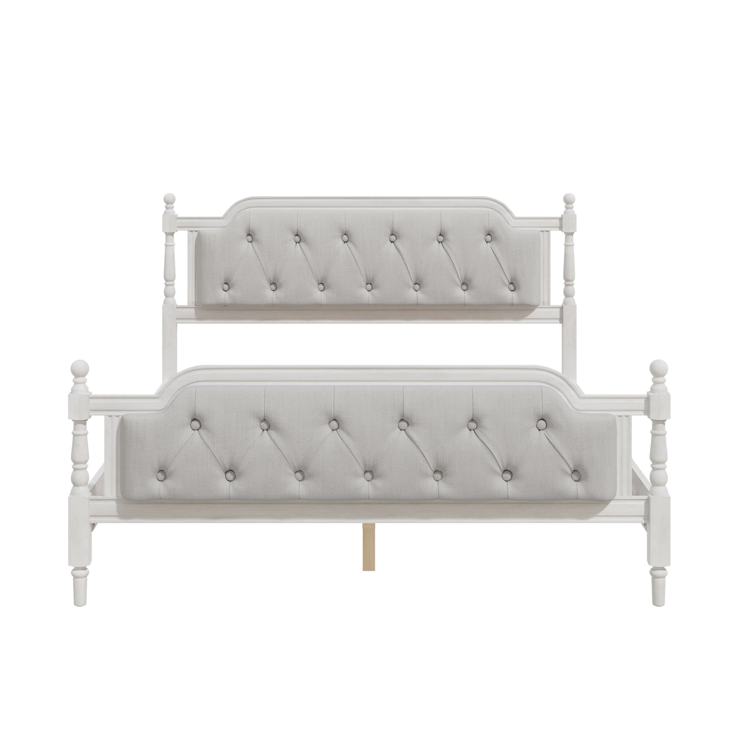 Gray upholstered bed with tufted design on a white background