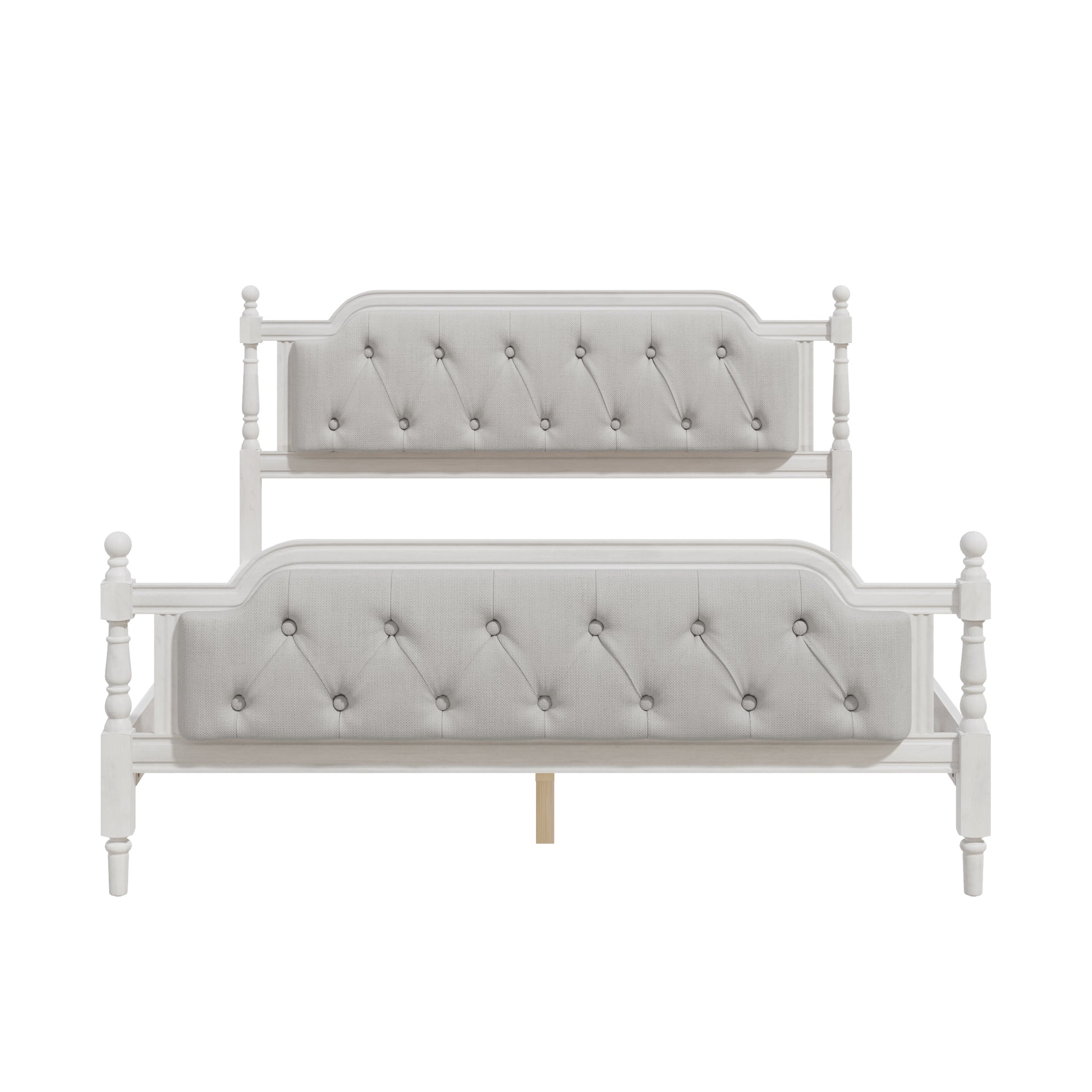 Gray upholstered bed with tufted design on a white background