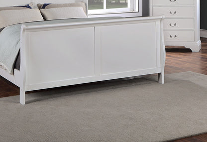 White wooden bed in a bedroom setting with a rug and dresser.
