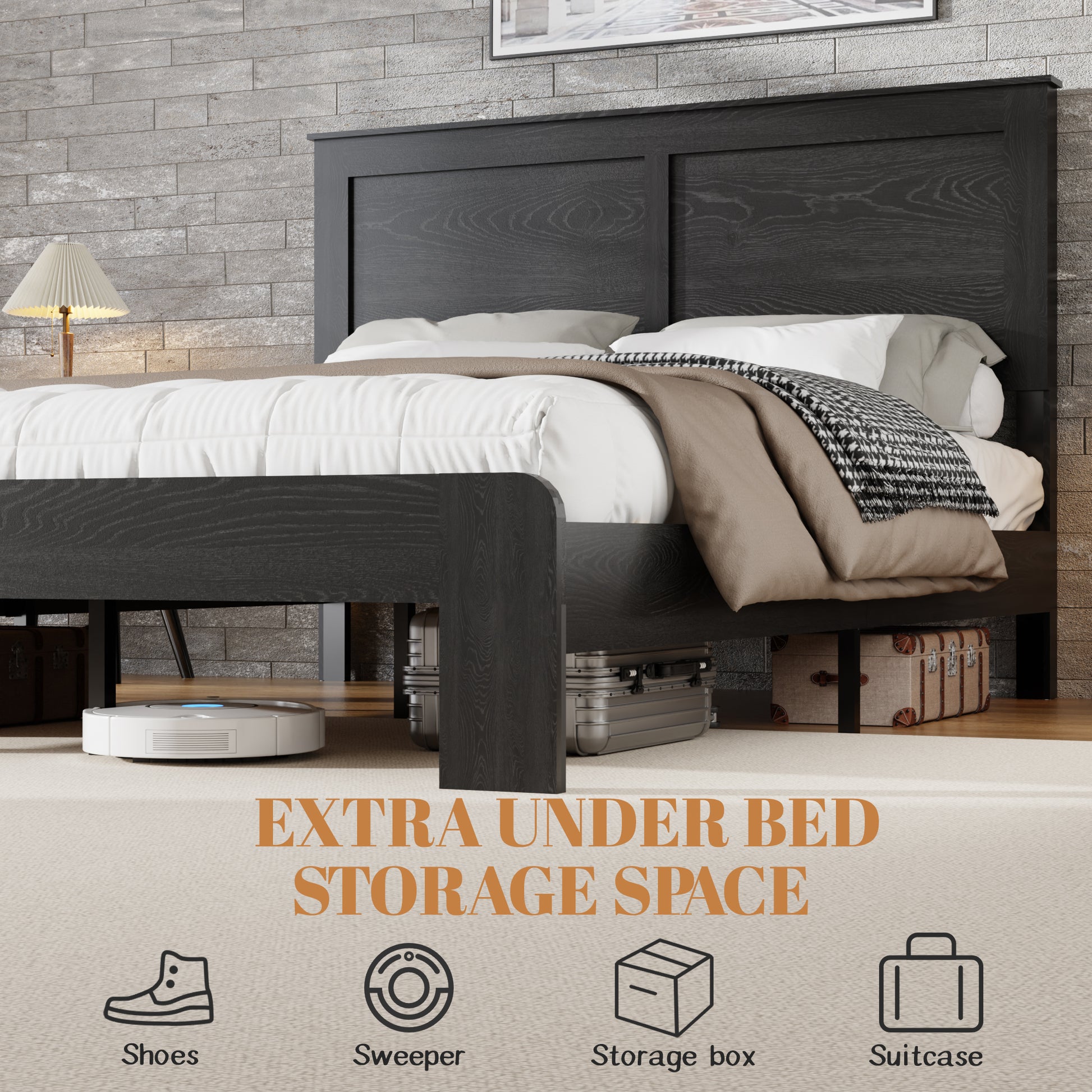 Bedroom with dark wood bed frame and under-bed storage, featuring text and icons about storage options.