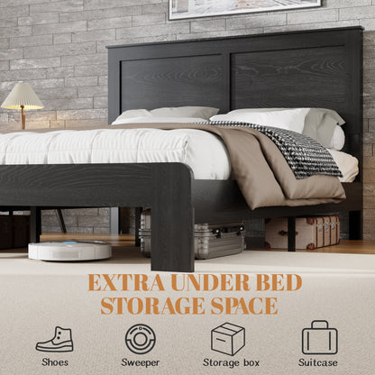Bedroom with dark wood bed frame and under-bed storage, featuring text and icons about storage options.