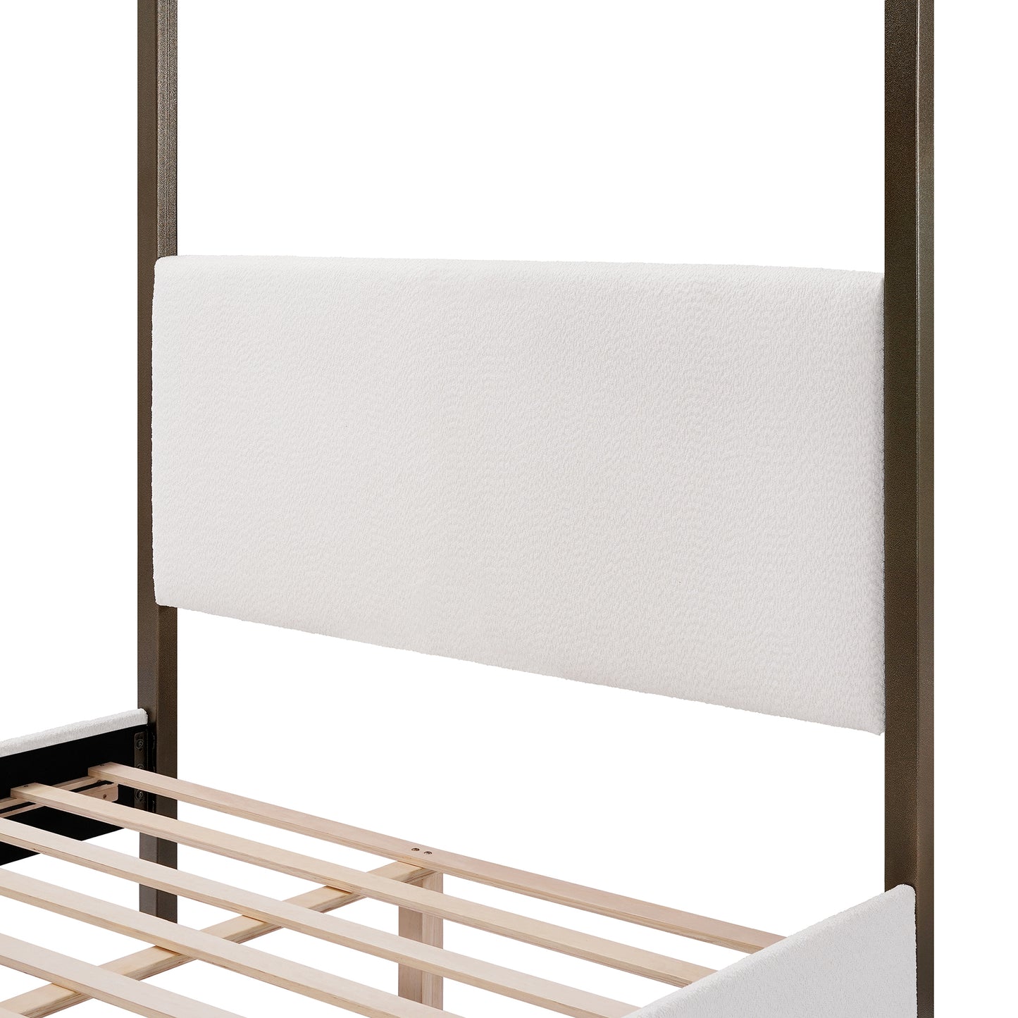 Bed frame with white headboard and wooden slats on a white background