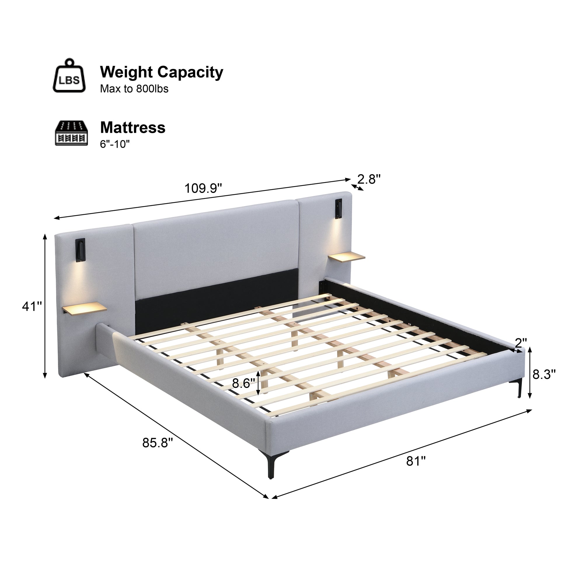 Bed frame with dimensions and specifications on a white background