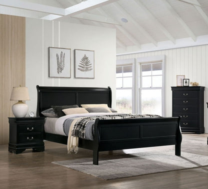 Black bedroom set with bed, nightstands, and dresser in a room with large windows.